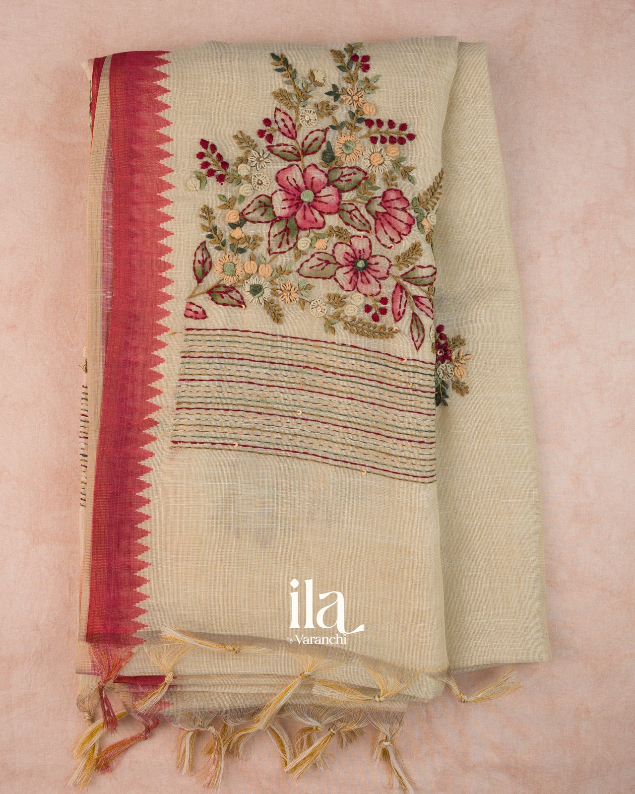 Cream Floral Embroidered Semi Linen Saree