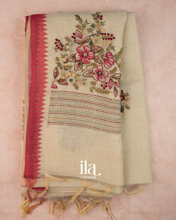 Cream Floral Embroidered Semi Linen Saree