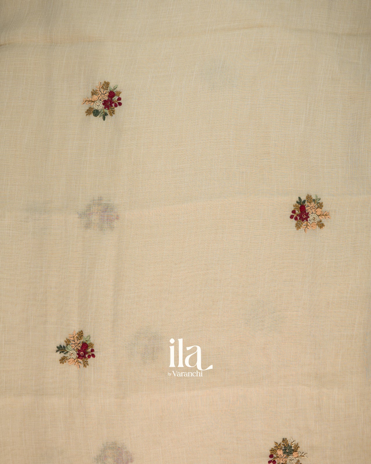 Cream Floral Embroidered Semi Linen Saree