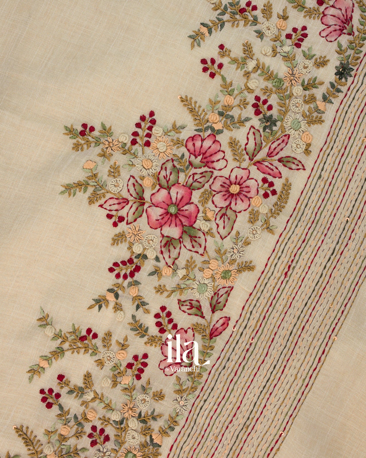 Cream Floral Embroidered Semi Linen Saree