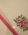 Cream Floral Embroidered Semi Linen Saree