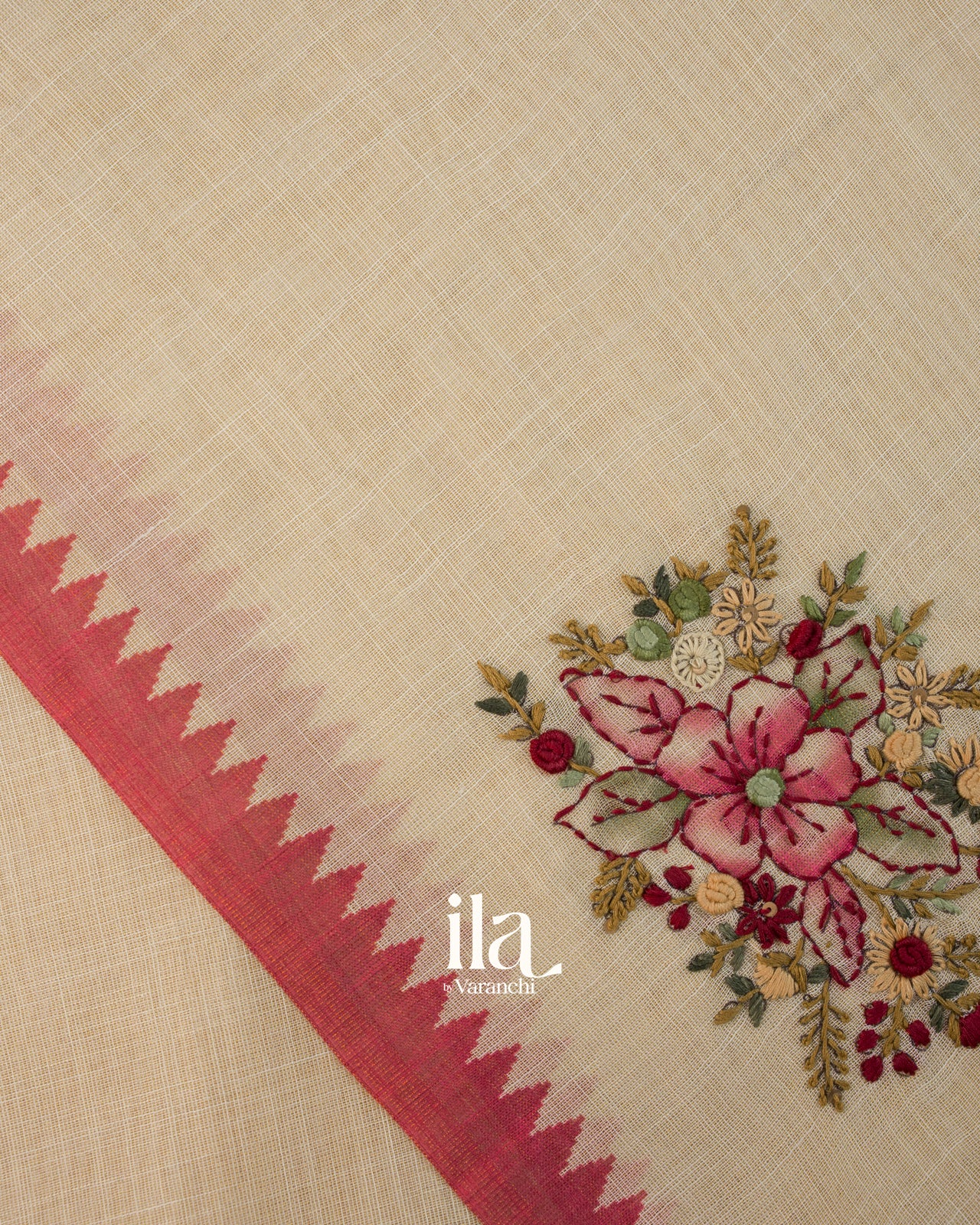 Cream Floral Embroidered Semi Linen Saree