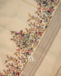 Cream Floral Embroidered Semi Linen Saree