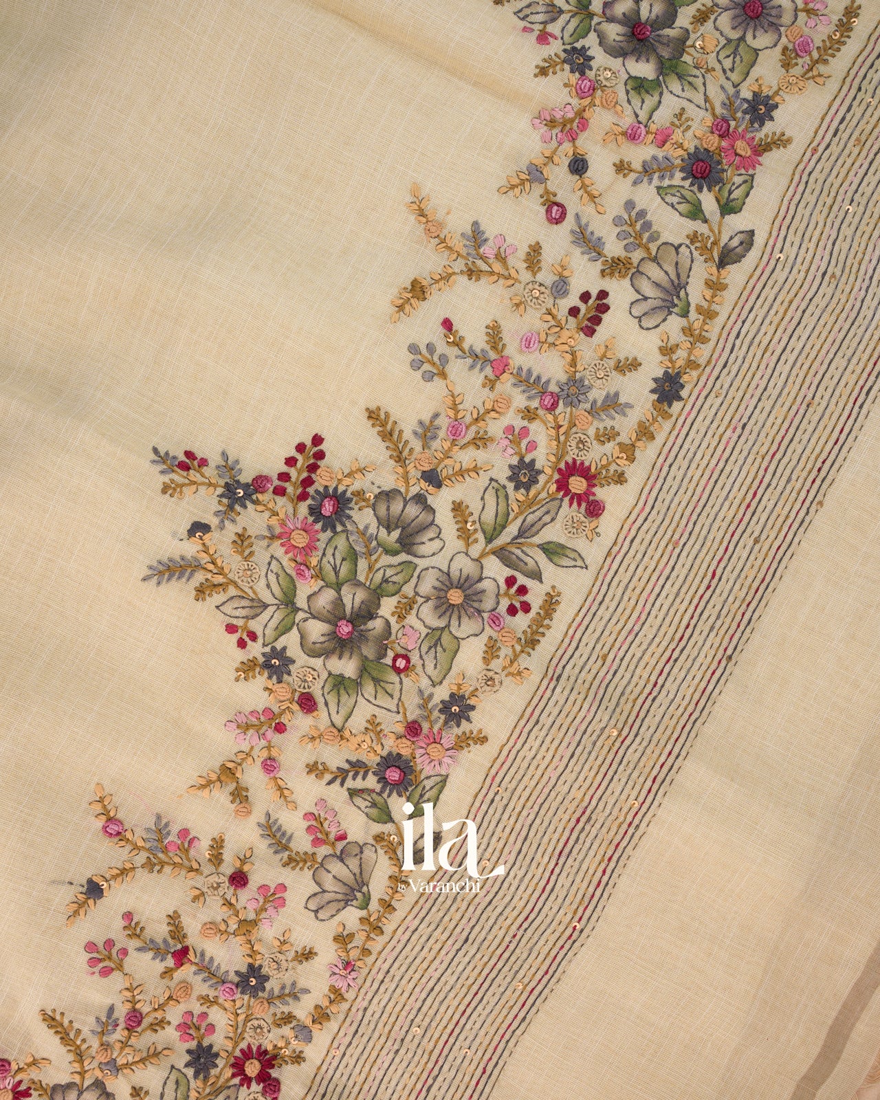Cream Floral Embroidered Semi Linen Saree
