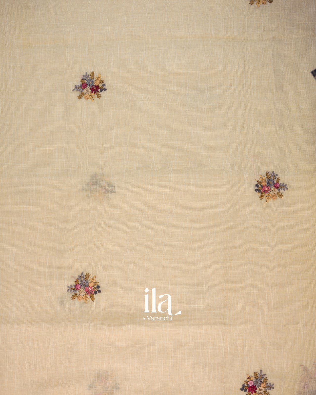 Cream Floral Embroidered Semi Linen Saree