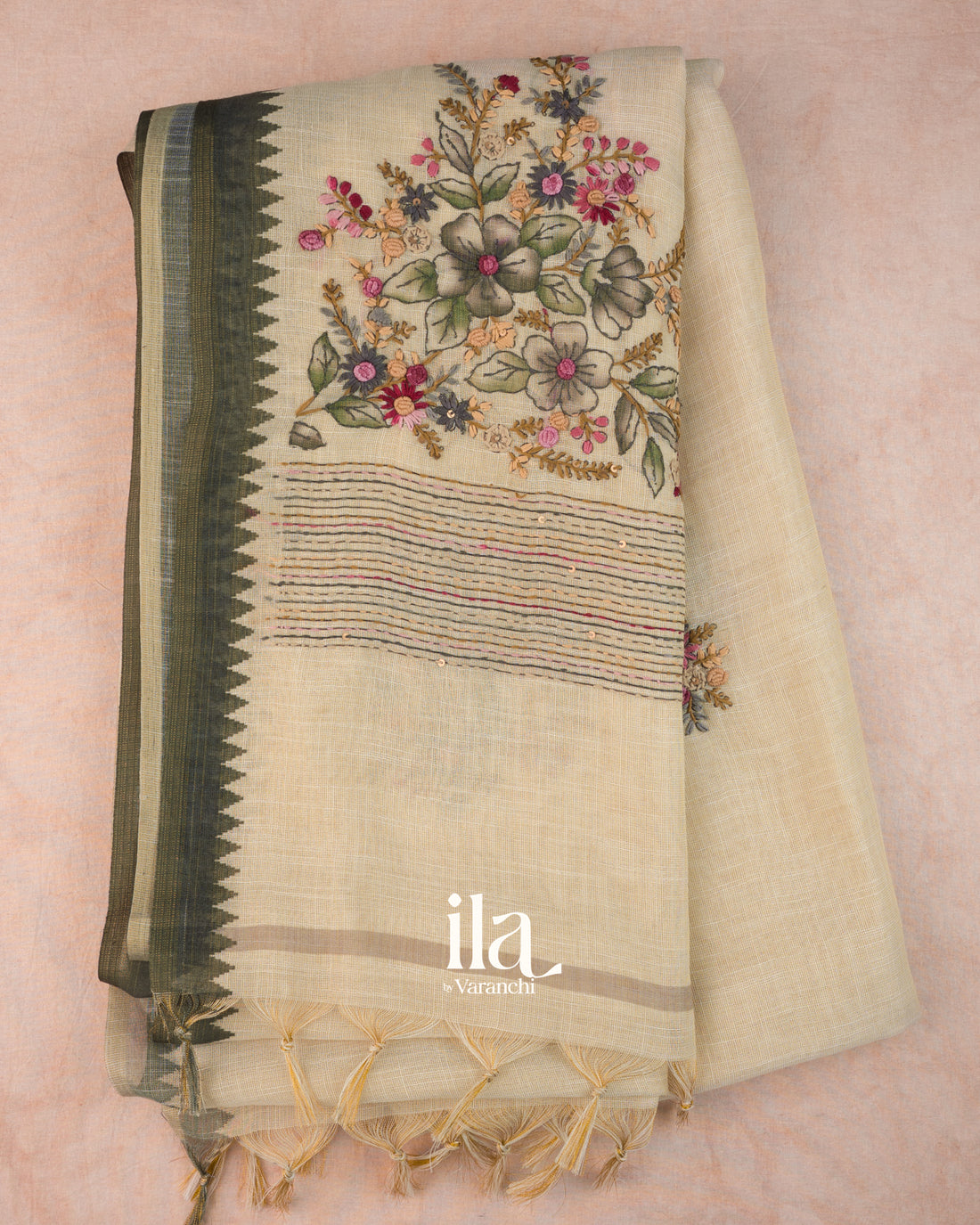 Cream Floral Embroidered Semi Linen Saree