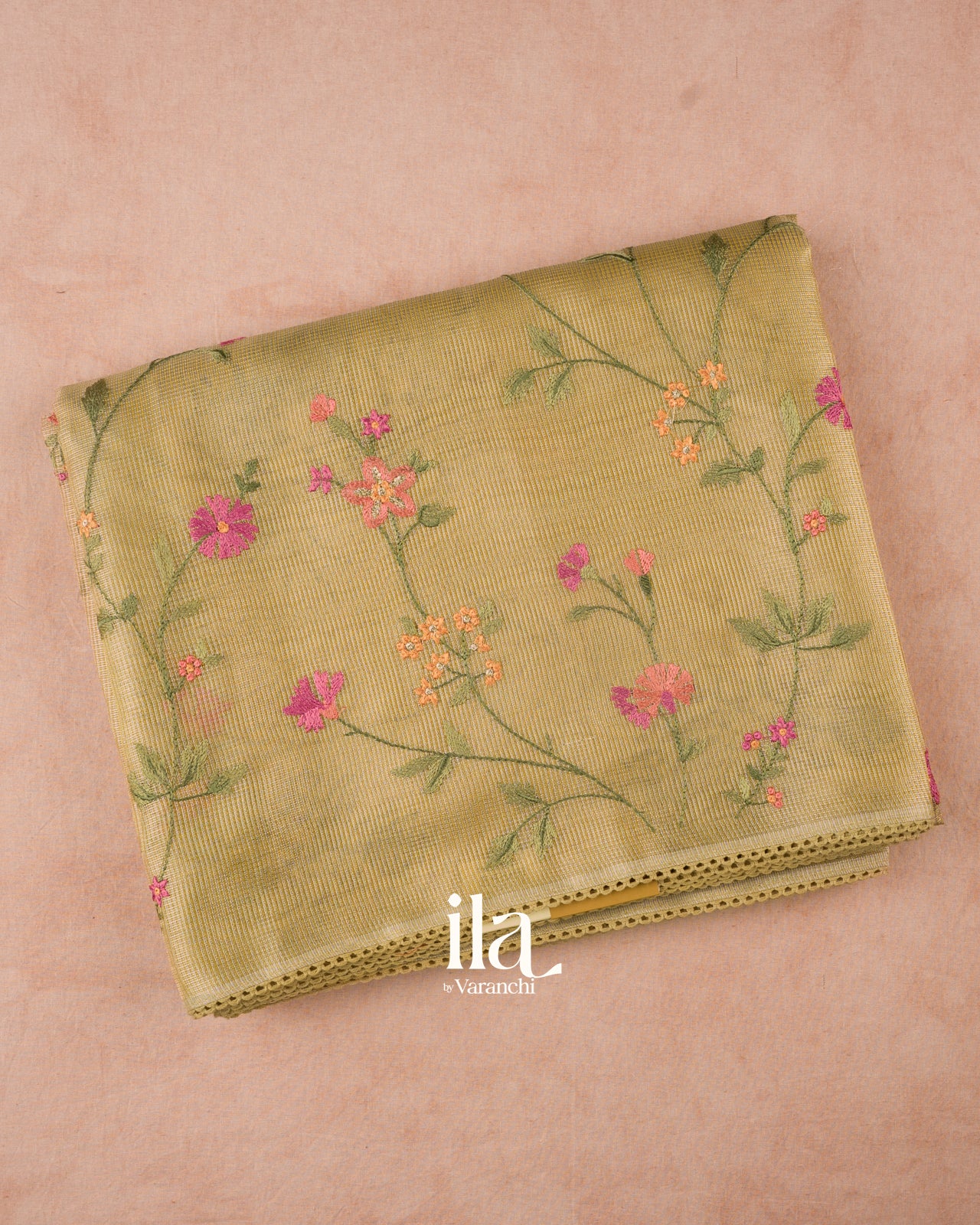 Light Yellow Floral Embroidered Semi Silk Saree
