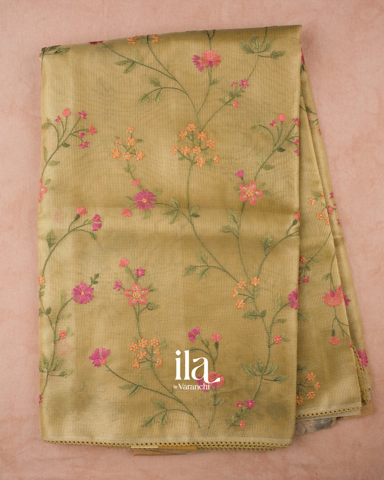 Light Yellow Floral Embroidered Semi Silk Saree