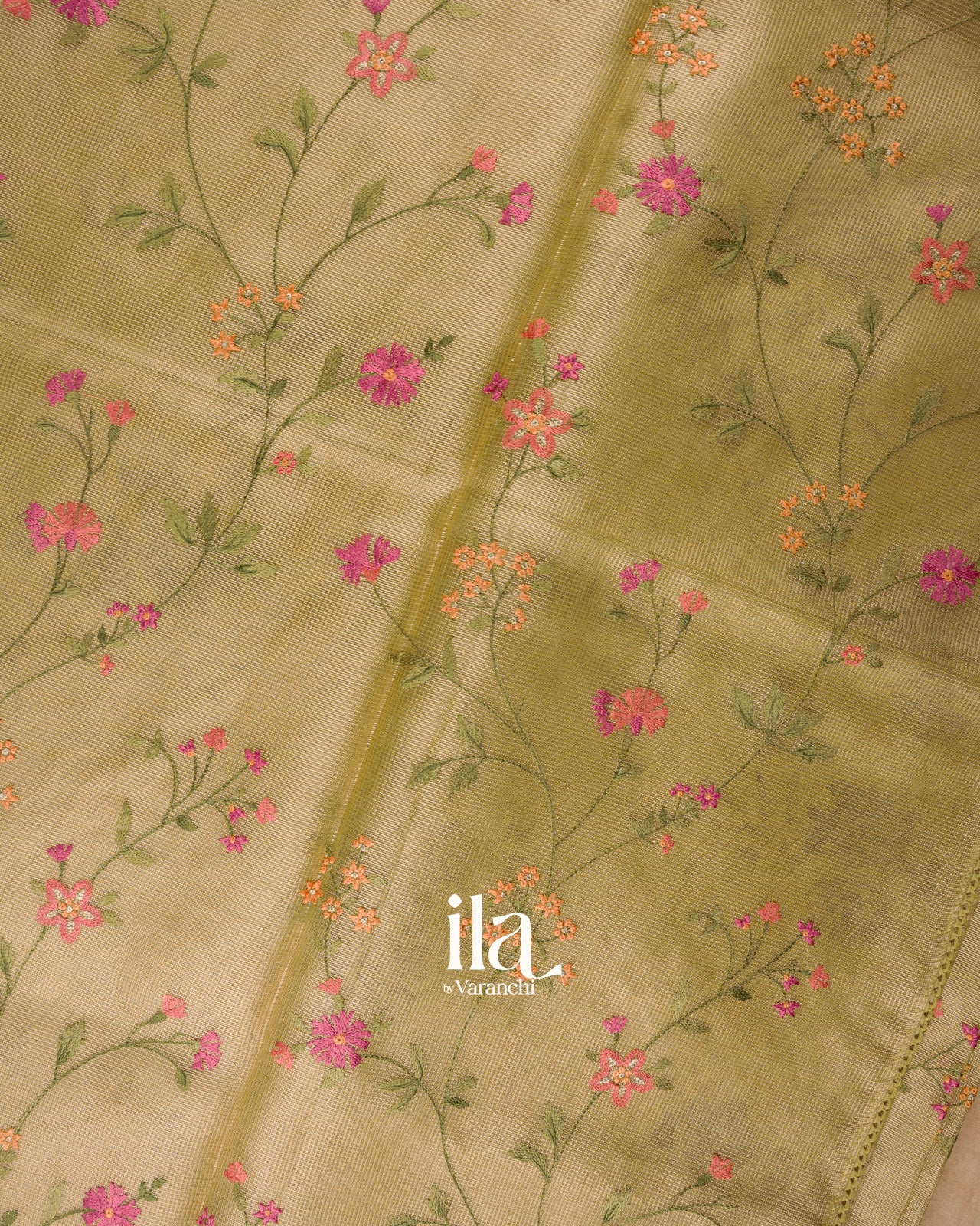 Light Yellow Floral Embroidered Semi Silk Saree