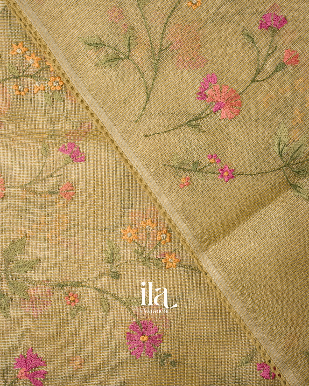 Light Yellow Floral Embroidered Semi Silk Saree