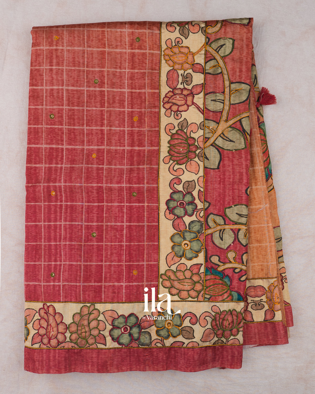 Orange Red Ombre Kalamkari Semi Tussar Silk Saree — Full Saree