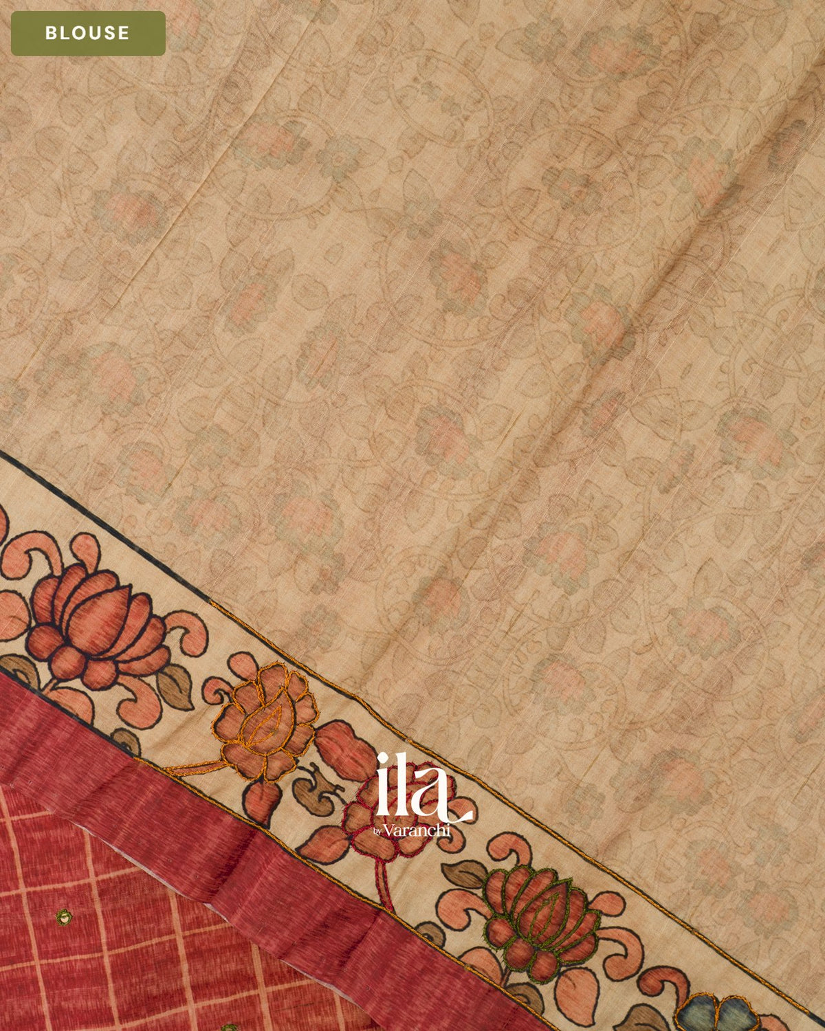 Orange Red Ombre Kalamkari Semi Tussar Silk Saree — Blouse