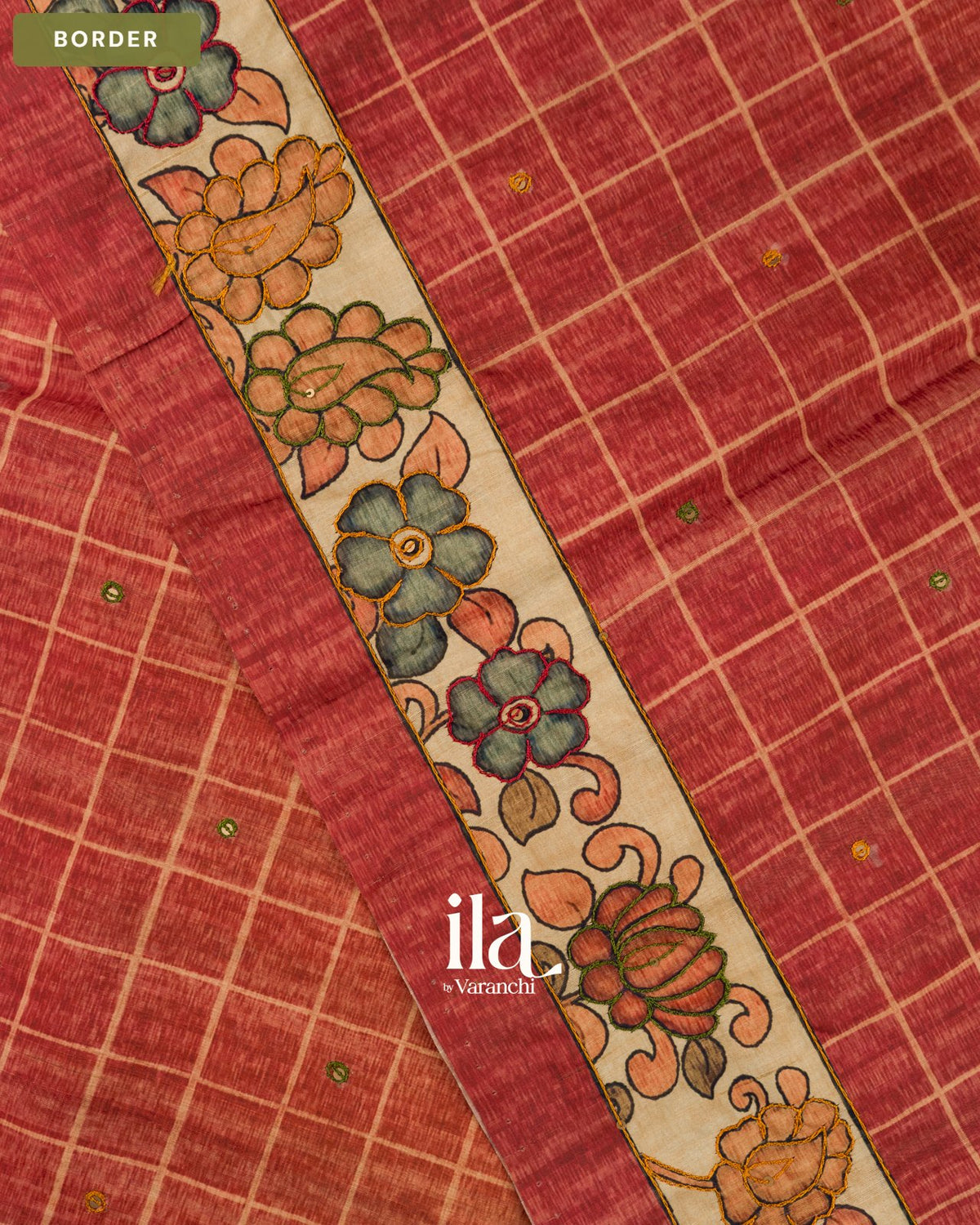 Orange Red Ombre Kalamkari Semi Tussar Silk Saree — Border