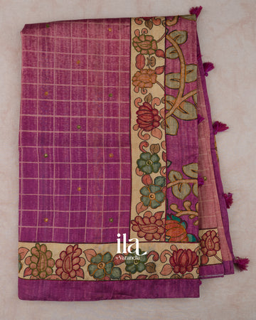 Pink Magenta Checkered Ombre Kalamkari Semi Tussar Silk Saree — Full Saree