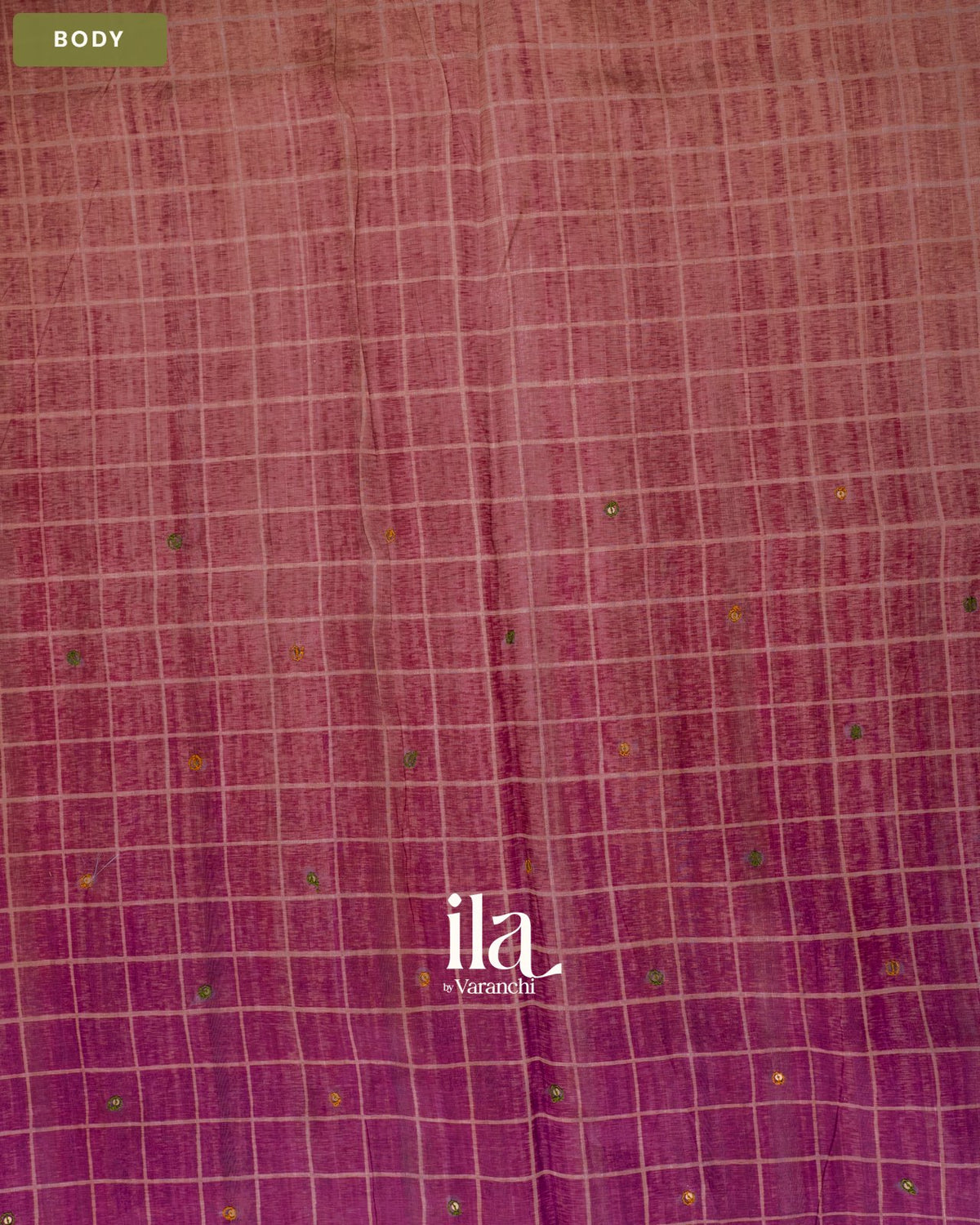 Pink Magenta Checkered Ombre Kalamkari Semi Tussar Silk Saree — Body