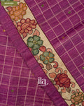 Pink Magenta Checkered Ombre Kalamkari Semi Tussar Silk Saree — Border