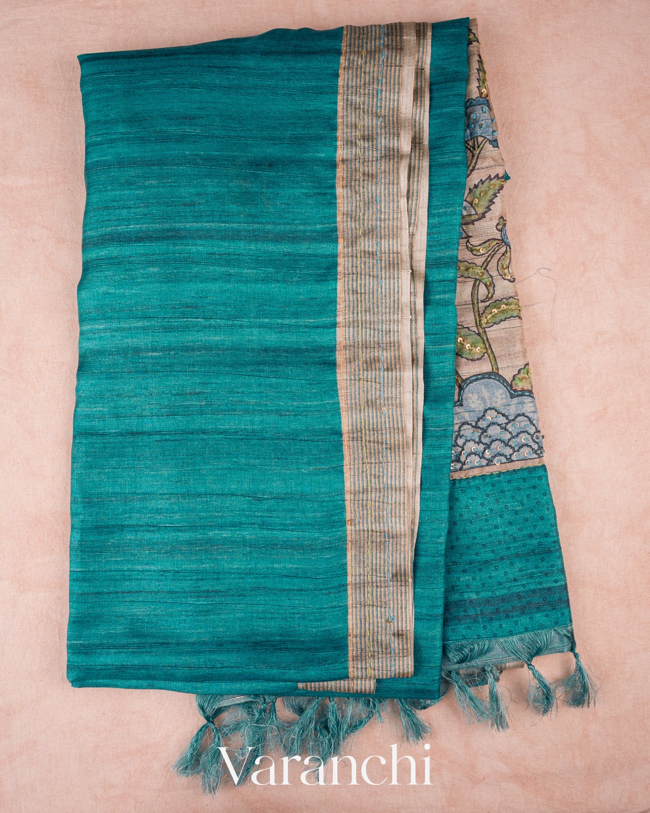 Turquoise Embroidered Semi Tussar Saree