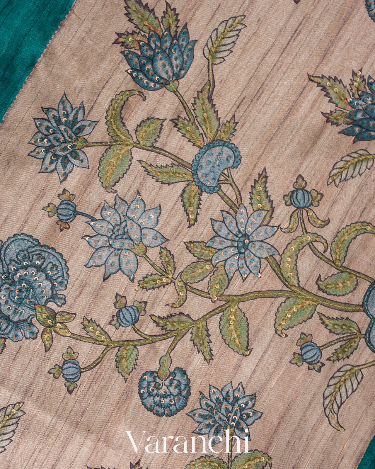 Turquoise Embroidered Semi Tussar Saree