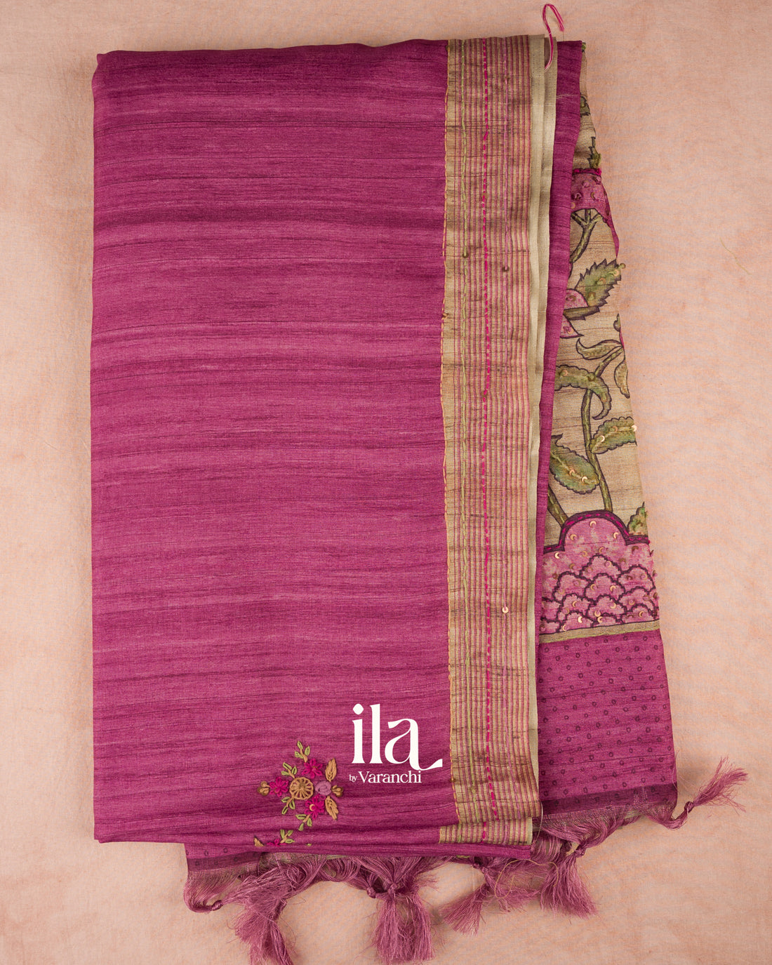 Magenta Floral Embroidered Semi Tussar Saree