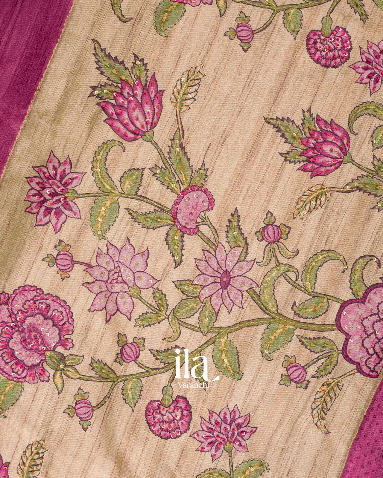 Magenta Floral Embroidered Semi Tussar Saree