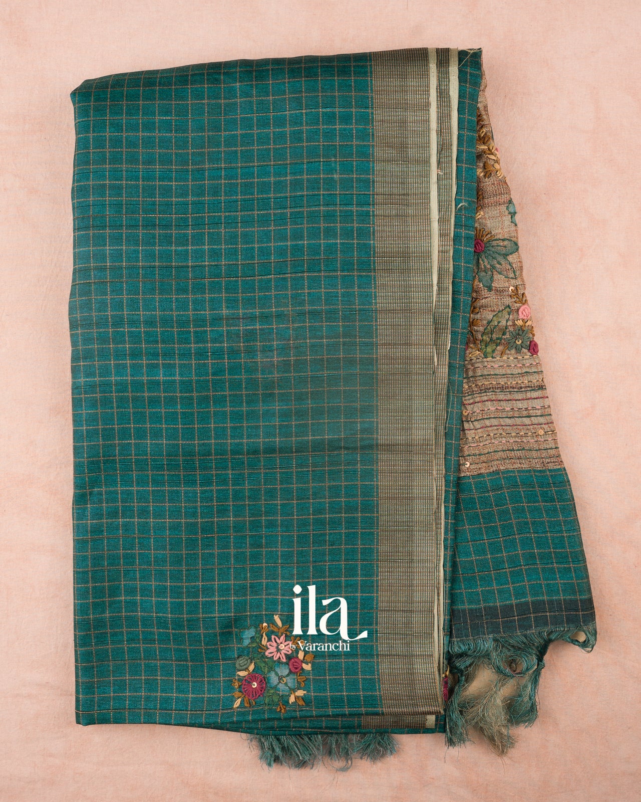 Teal Blue Floral Embroidered Semi Tussar Saree