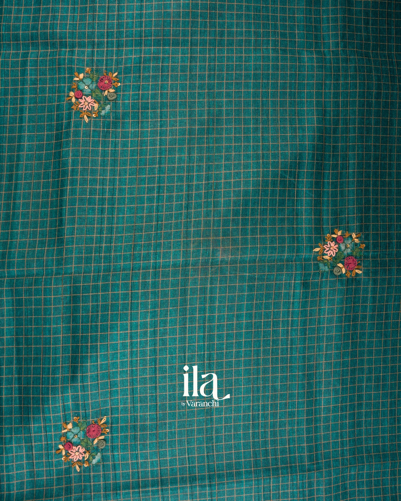 Teal Blue Floral Embroidered Semi Tussar Saree