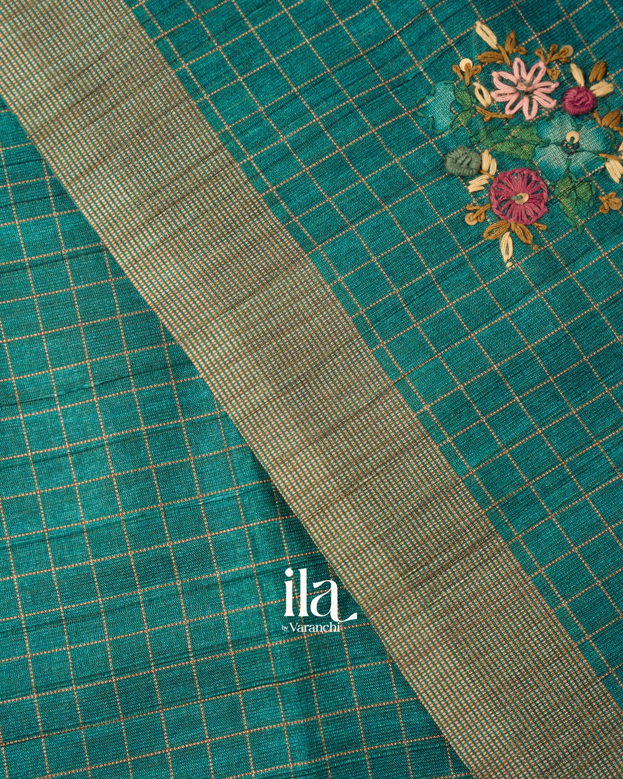 Teal Blue Floral Embroidered Semi Tussar Saree