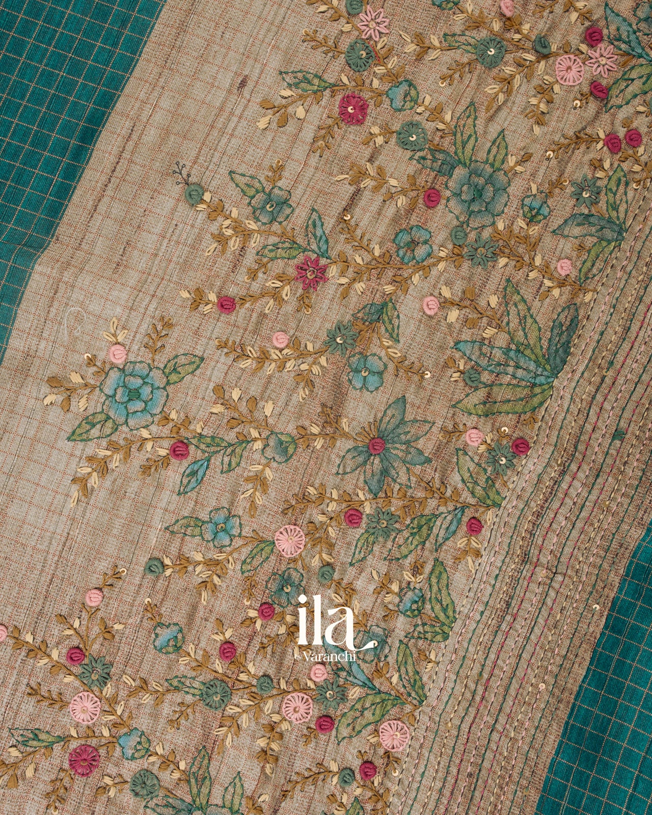Teal Blue Floral Embroidered Semi Tussar Saree
