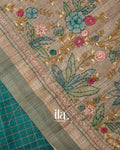 Teal Blue Floral Embroidered Semi Tussar Saree