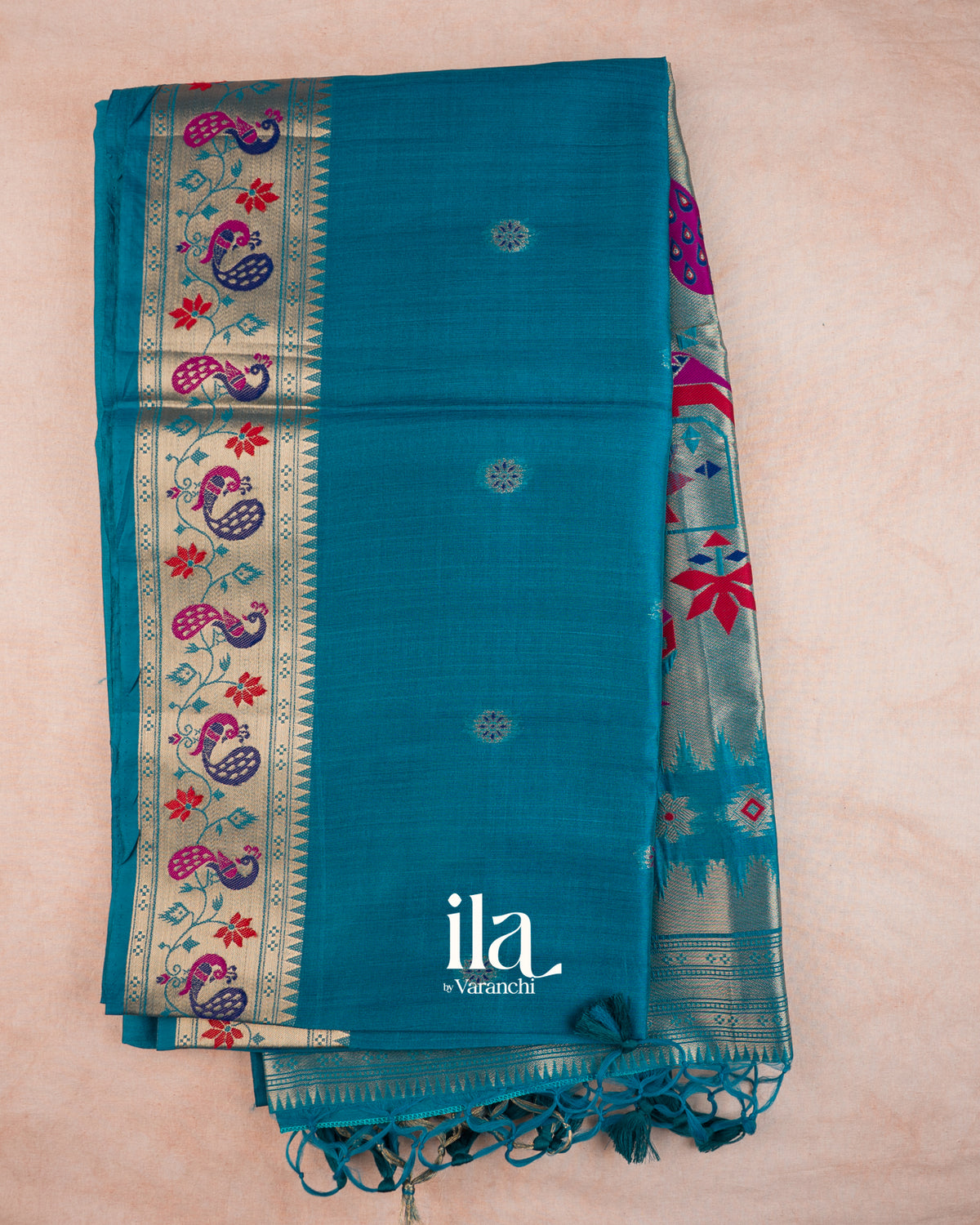 Teal Blue Paithani Semi Silk Saree — Full Saree