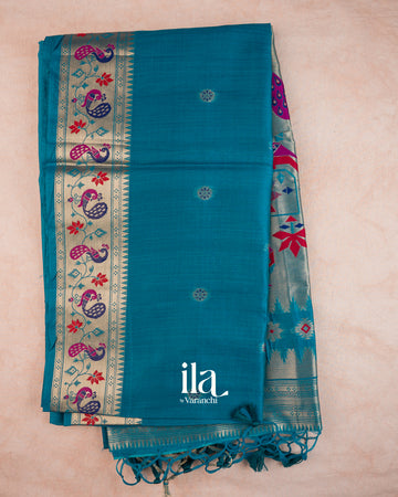 Teal Blue Paithani Semi Silk Saree — Full Saree