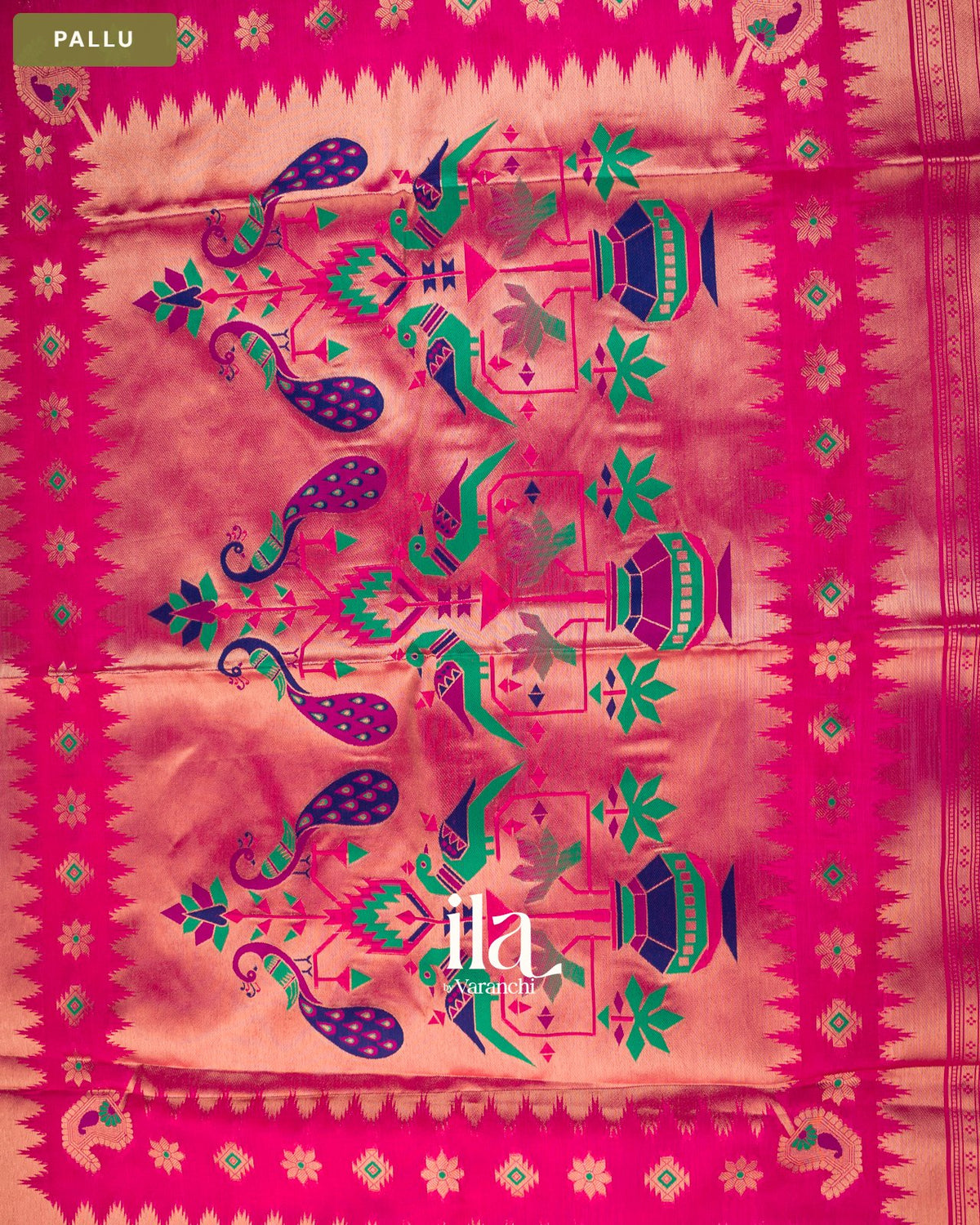 Rani Pink Paithani Semi Silk Saree — Pallu