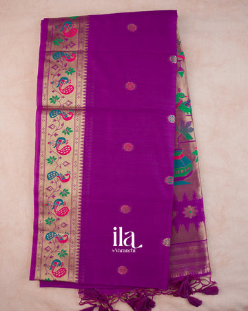 Purple Peacock Paithani Semi Silk Saree — Full Saree