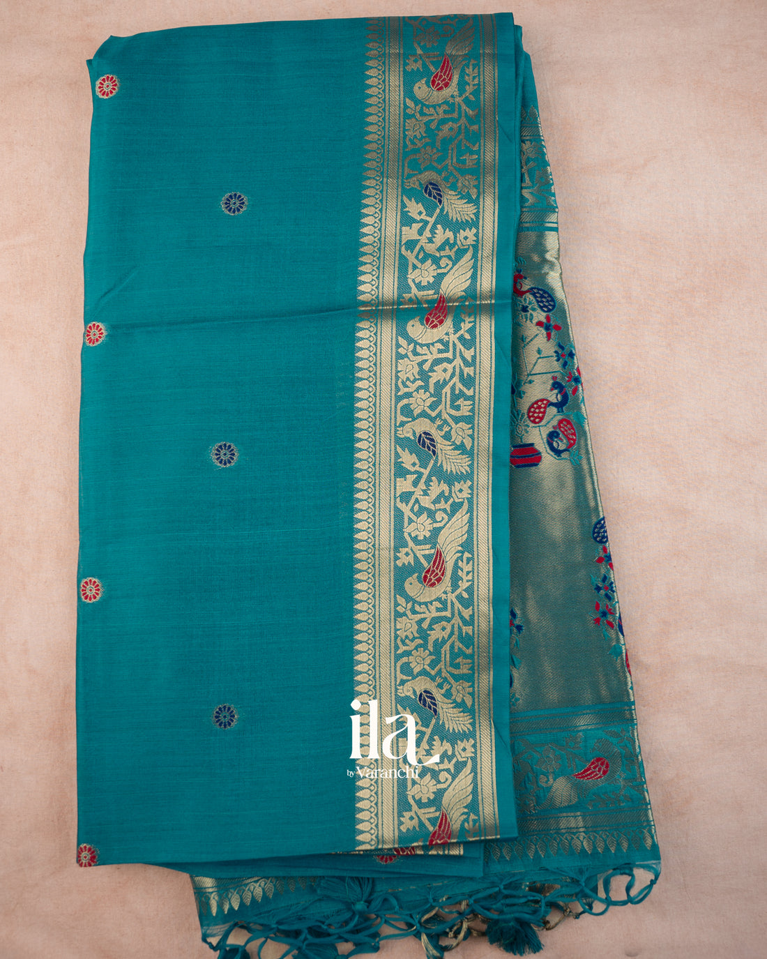 Teal Blue Paithani Semi Silk Saree — Full Saree