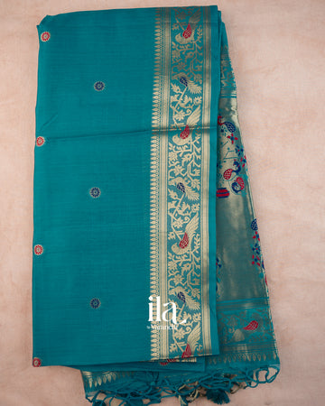 Teal Blue Paithani Semi Silk Saree — Full Saree
