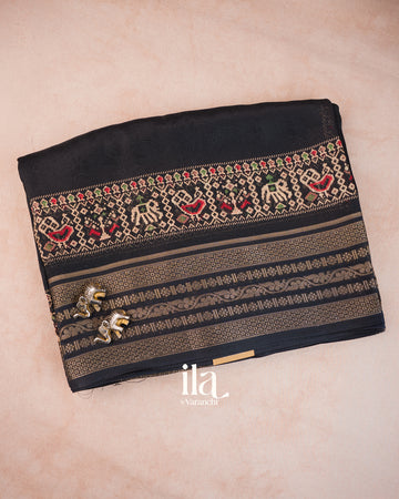 Black Ajrakh Printed Semi Silk Saree — Folded