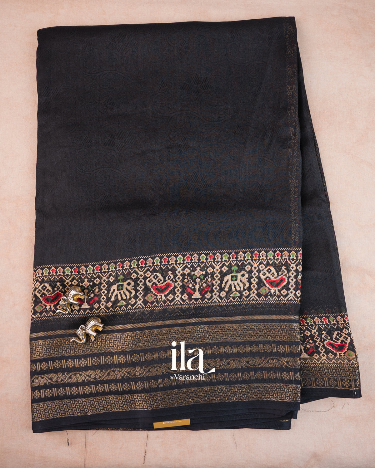 Black Ajrakh Printed Semi Silk Saree — Full Saree