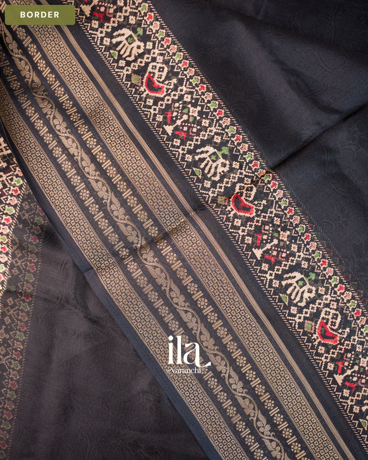 Black Ajrakh Printed Semi Silk Saree — Border