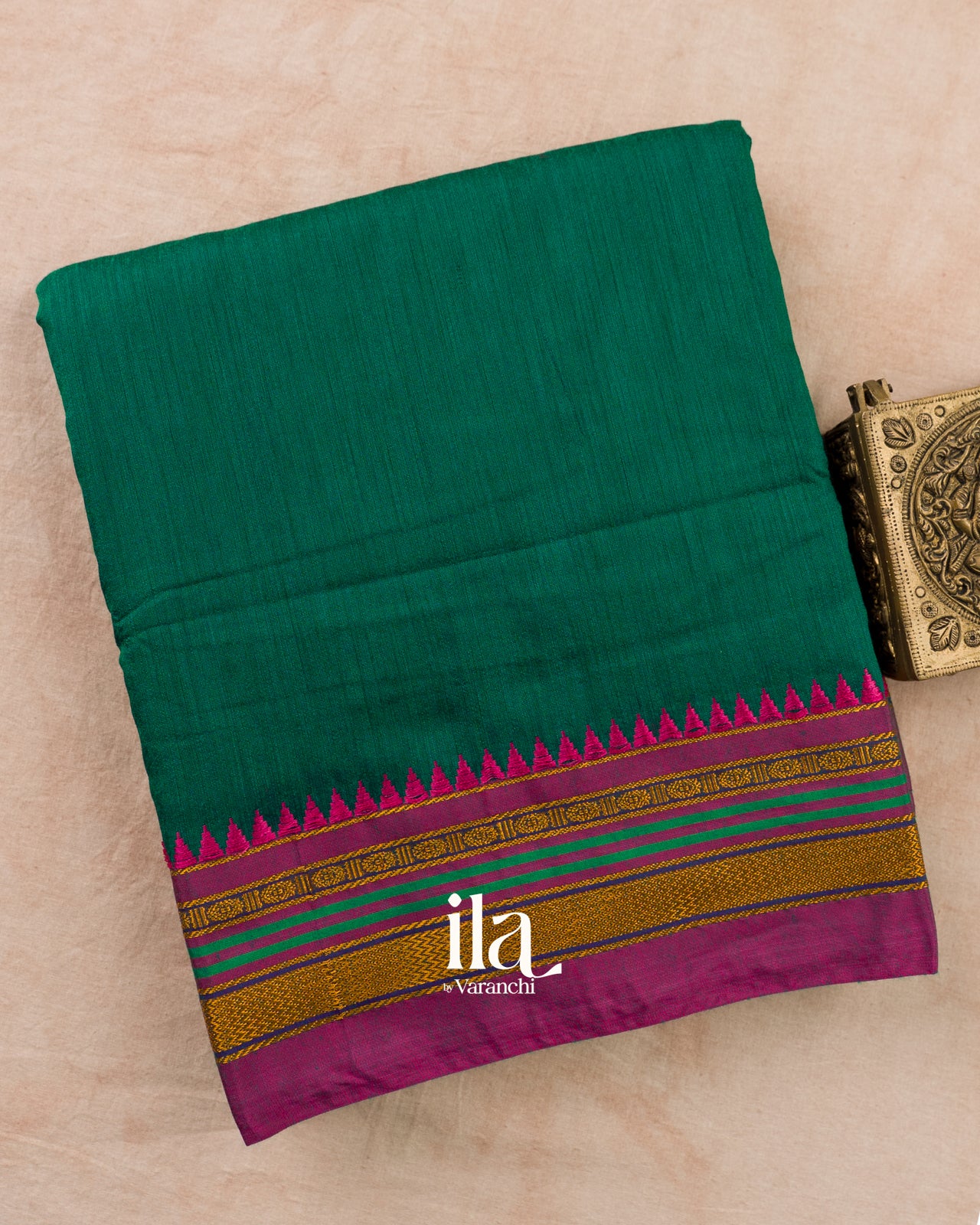 Bottle Green Temple Bordered Cotton Saree
