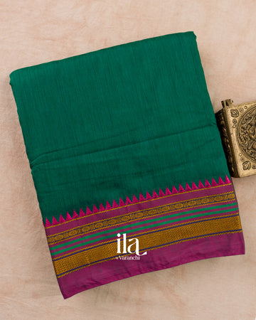 Bottle Green Temple Bordered Cotton Saree