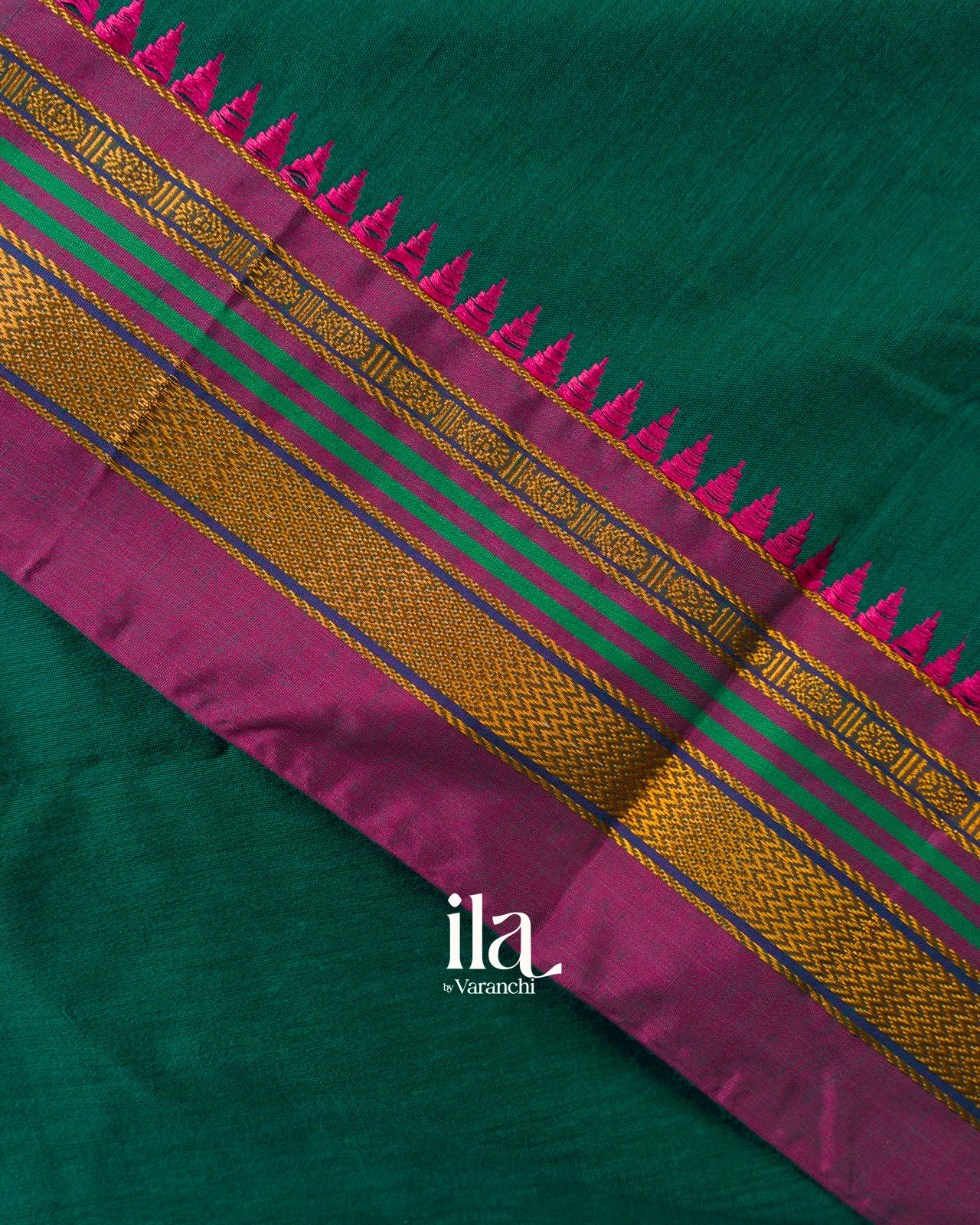 Bottle Green Temple Bordered Cotton Saree