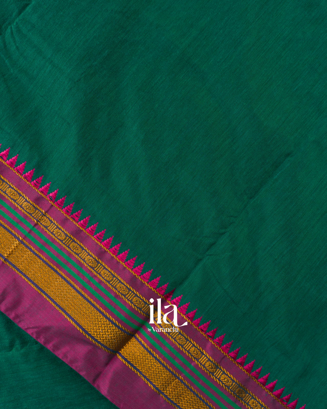 Bottle Green Temple Bordered Cotton Saree