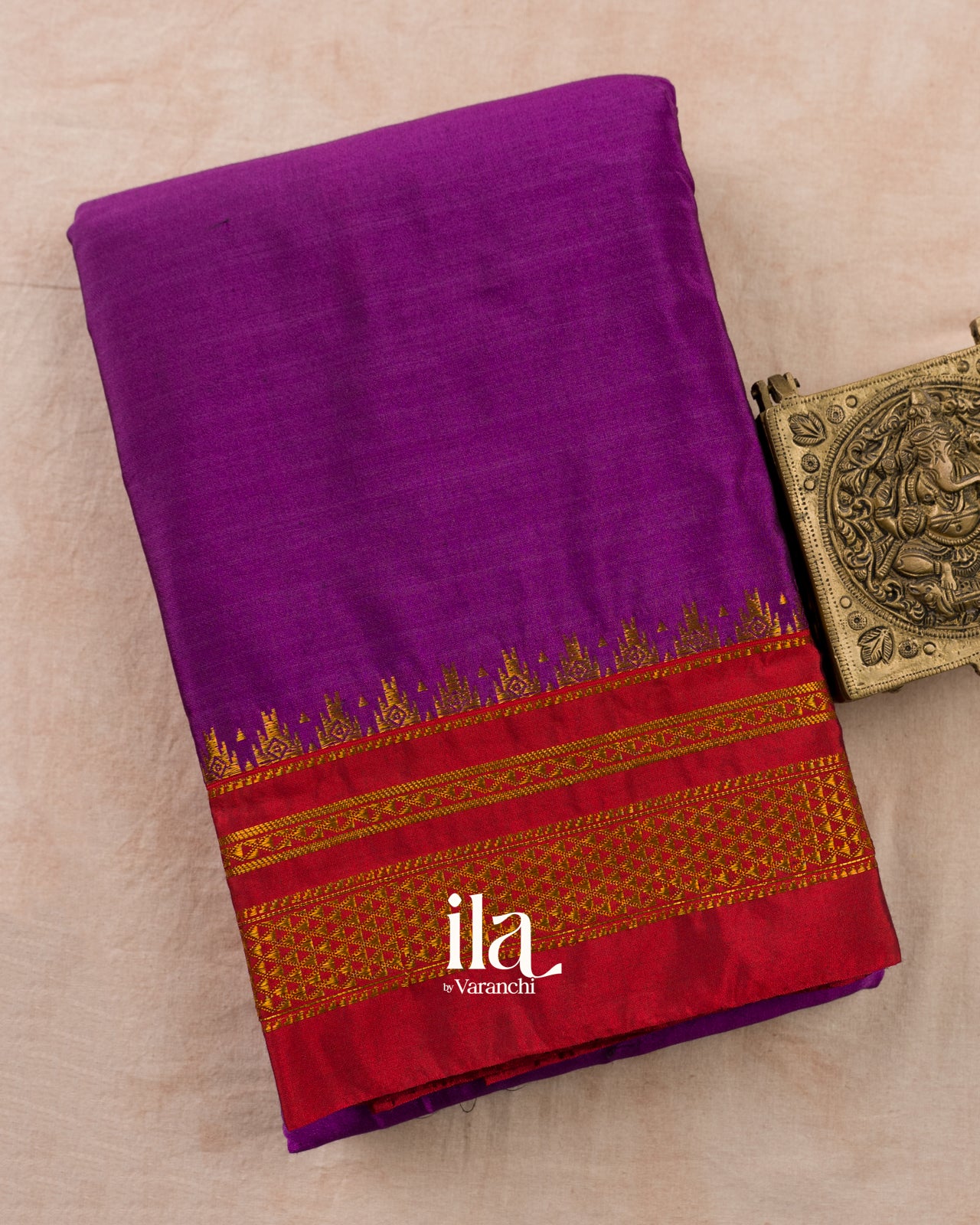 Purple Temple Bordered Semi Silk Saree