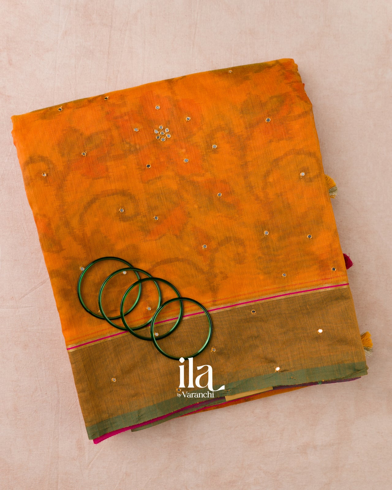 Turmeric Orange Mirror Embroidered Semi Chanderi Saree