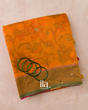 Turmeric Orange Mirror Embroidered Semi Chanderi Saree