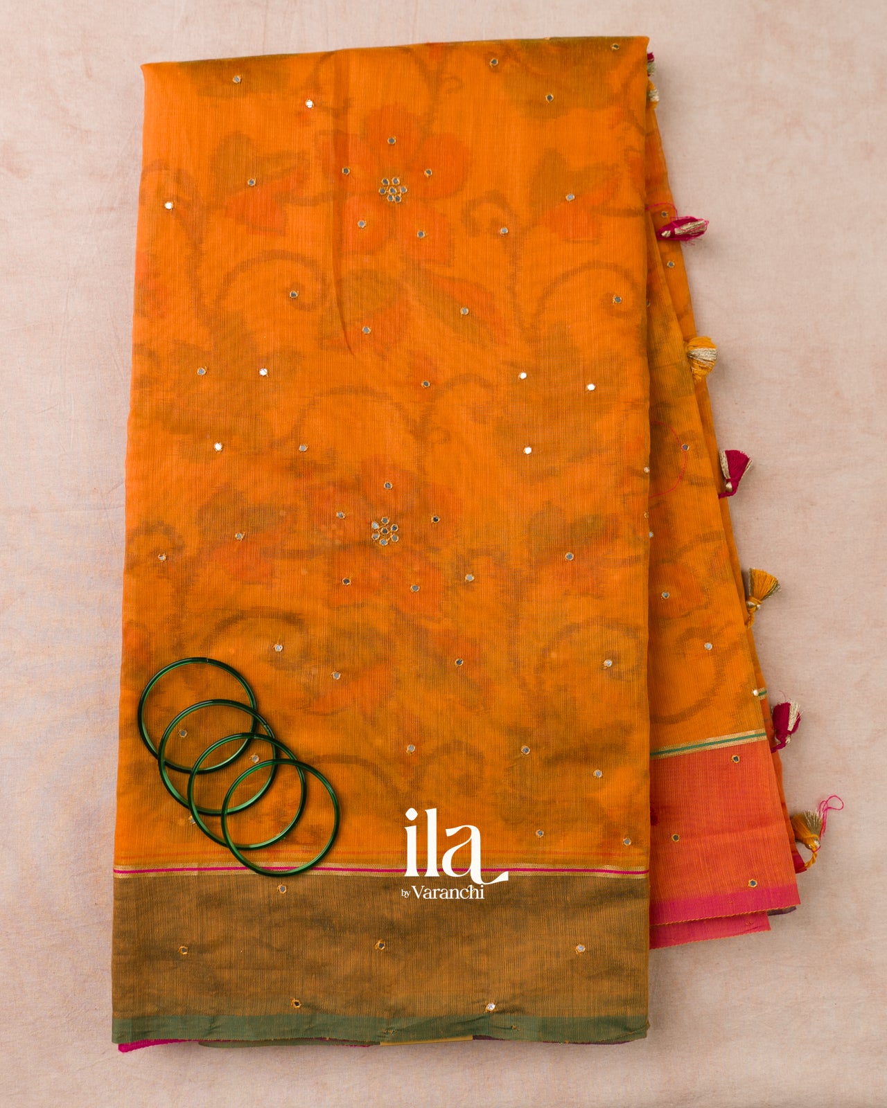 Turmeric Orange Mirror Embroidered Semi Chanderi Saree