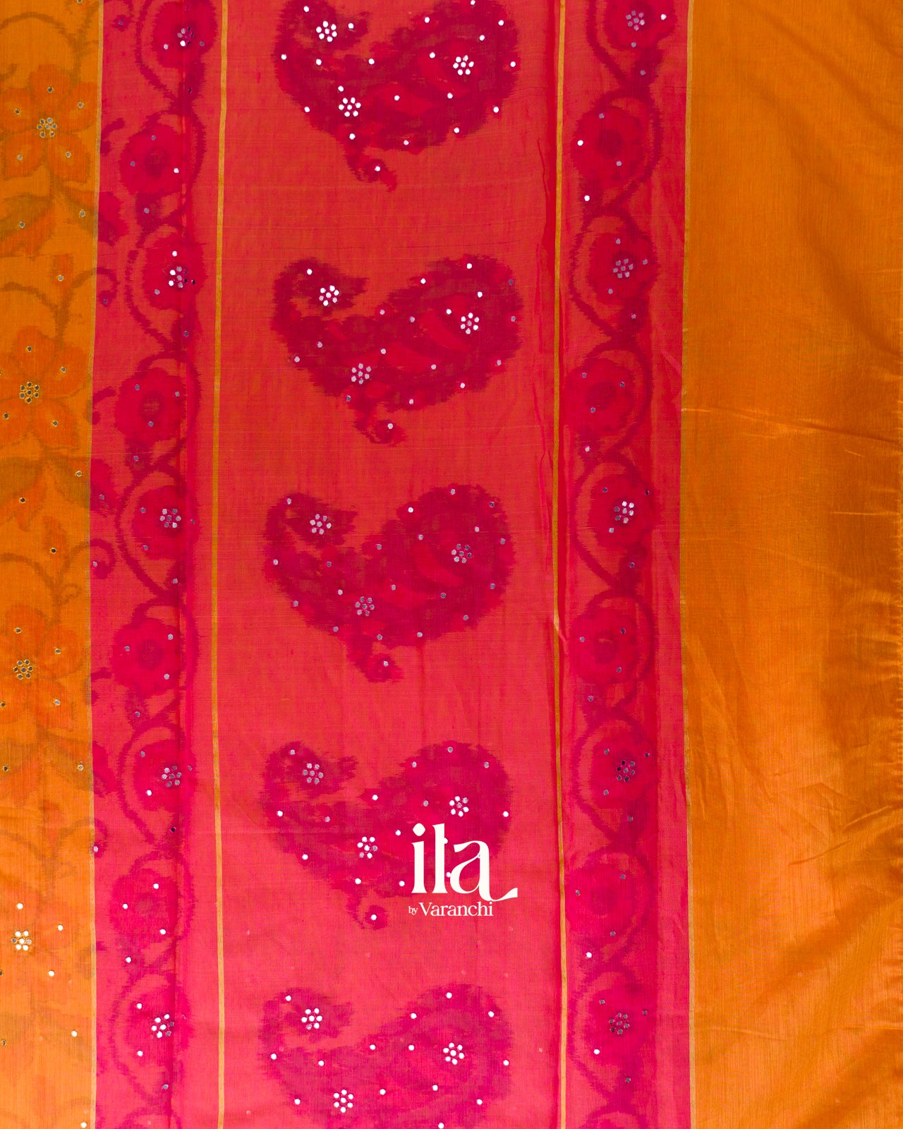 Turmeric Orange Mirror Embroidered Semi Chanderi Saree