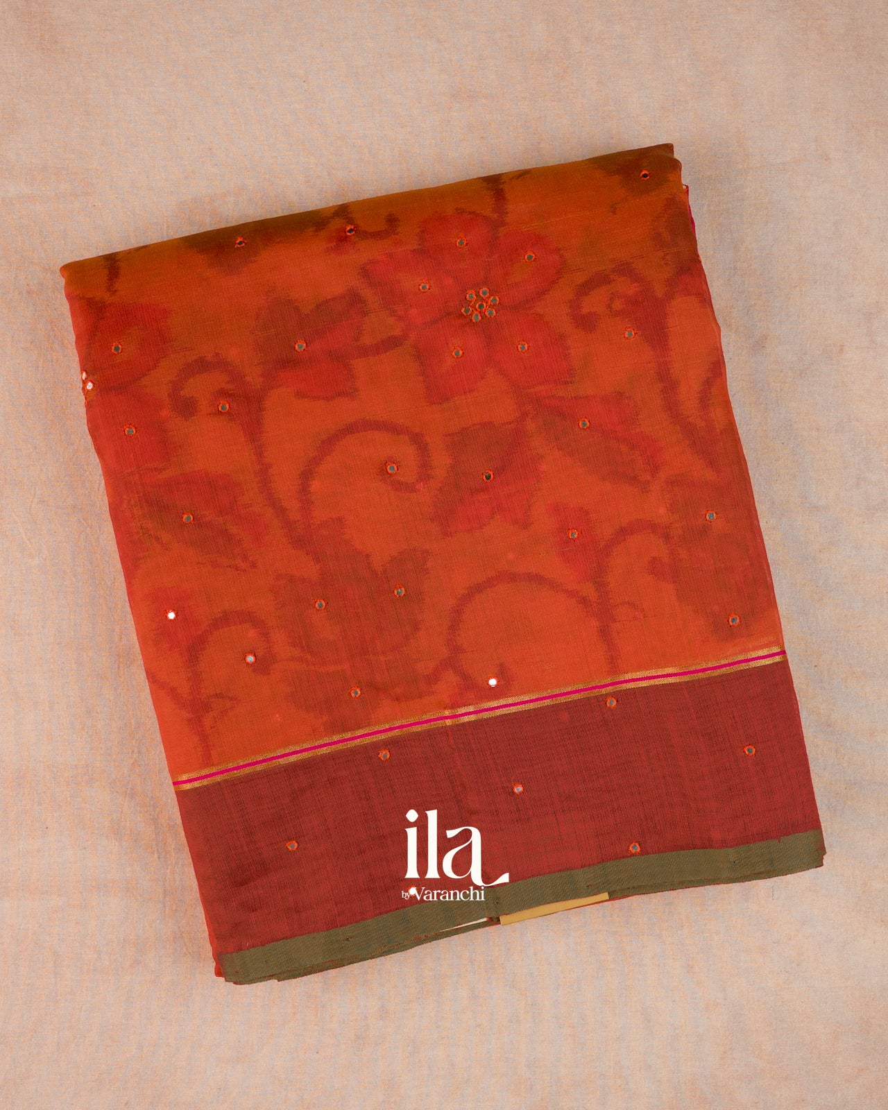 Rust Orange Mirror Embroidered Semi Chanderi Saree