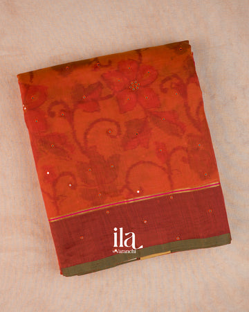 Rust Orange Mirror Embroidered Semi Chanderi Saree