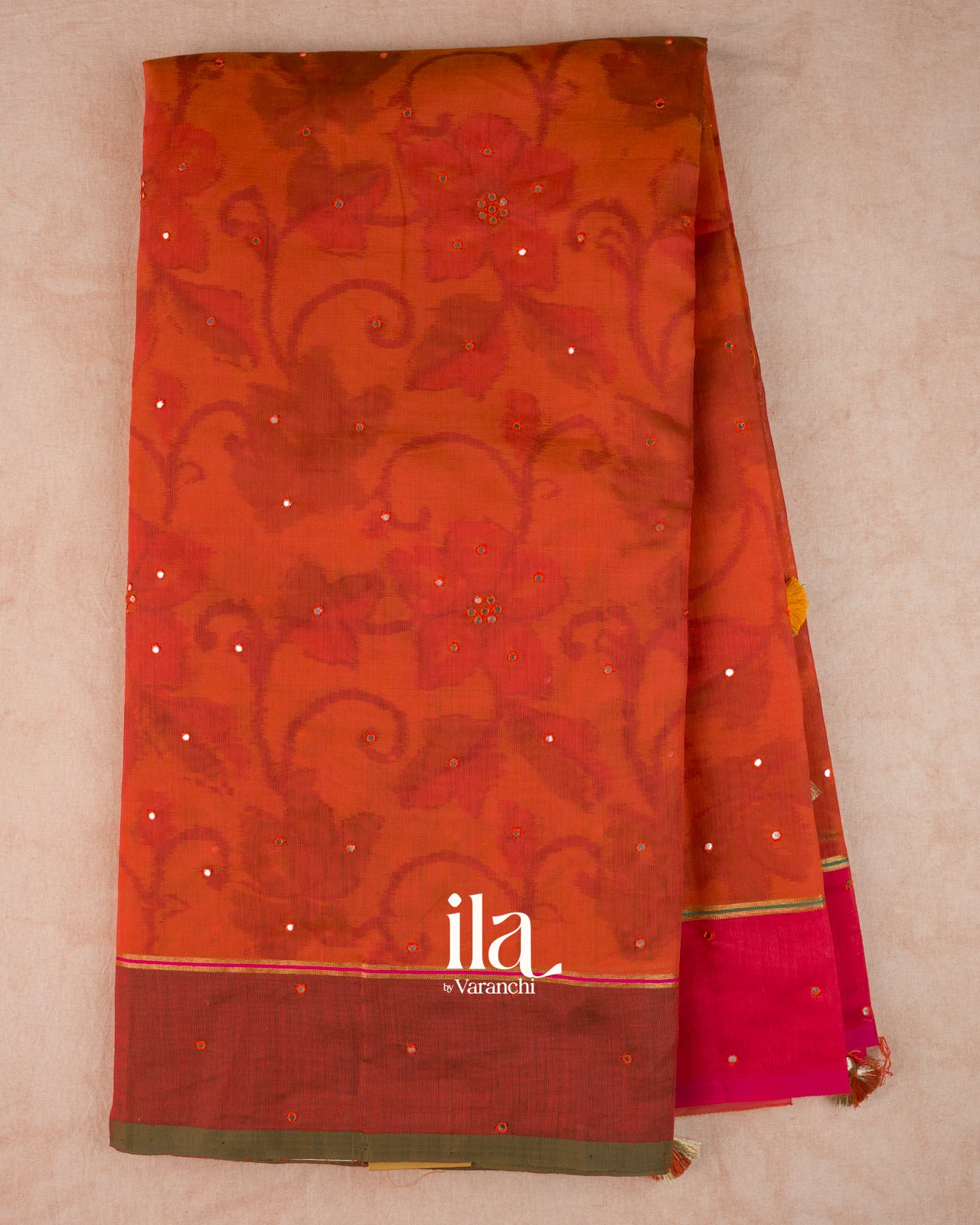 Rust Orange Mirror Embroidered Semi Chanderi Saree